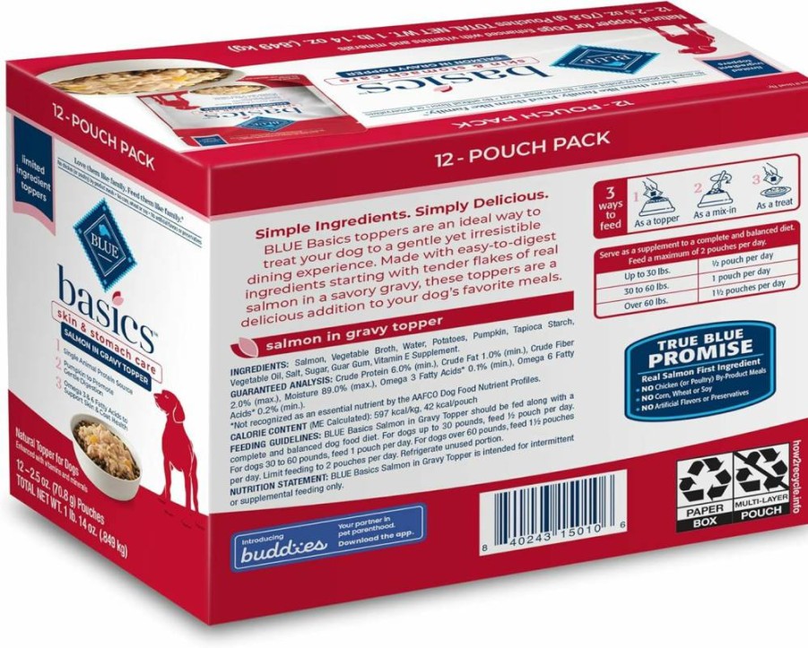 Blue Buffalo Basics Natural Wet Dog Food Topper for Skin & Stomach Care, Salmon in Gravy - 2.5oz Pouch (12 Pack)