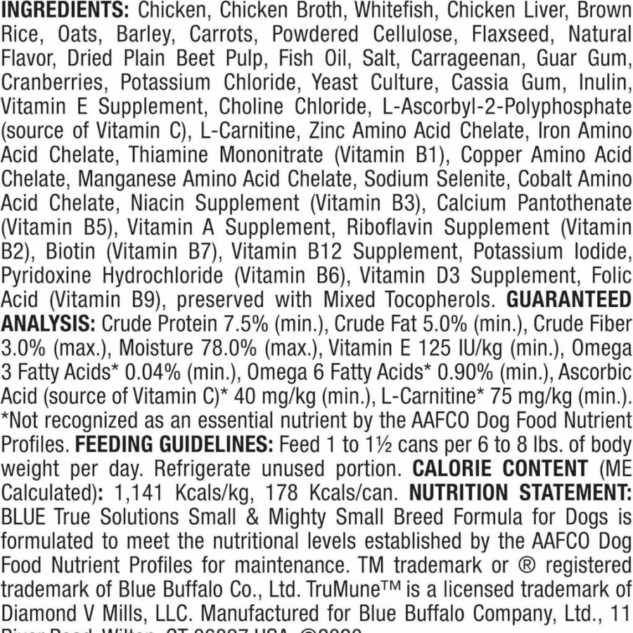 Blue Buffalo True Solutions Small & Mighty Natural Adult Small Breed Dog Food, Chicken Recipe Wet Cans, 5.5-Oz (24-Pack)