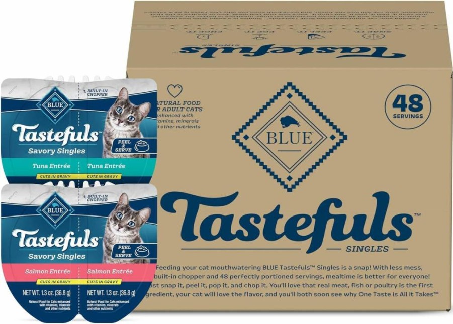 Blue Buffalo Tastefuls Natural Wet Cat Food Variety Pack - Salmon & Tuna Cuts in Gravy, 2.6-Oz Twin-Pack Trays (24 Count, 12 Each) for Adult Cats